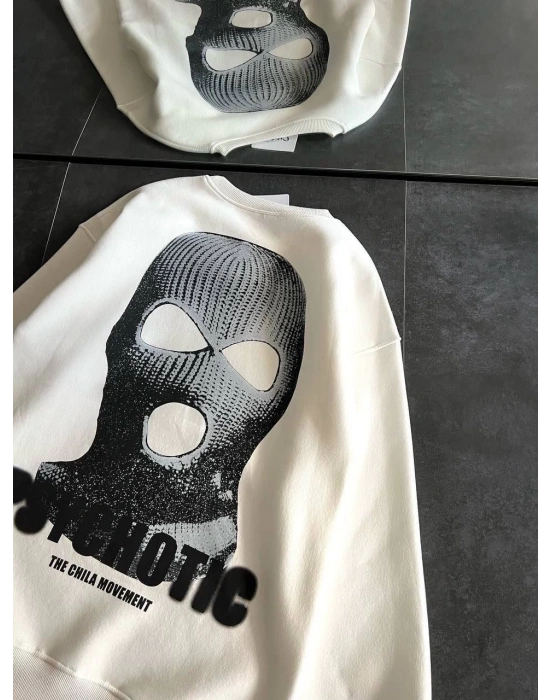 Kışlık Bisiklet Yaka Baskılı SweatShirt - Beyaz