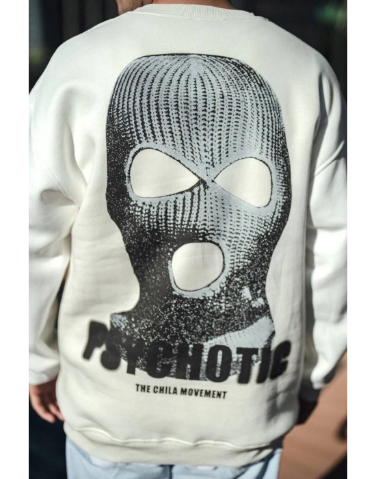 Kışlık Bisiklet Yaka Baskılı SweatShirt - Beyaz