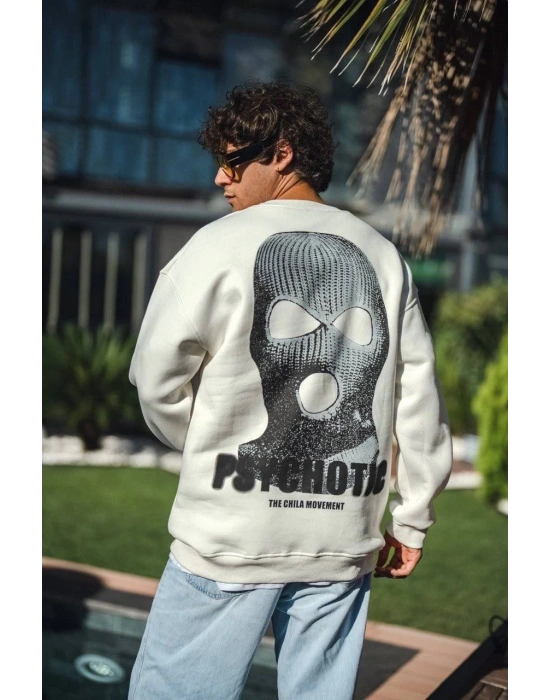 Kışlık Bisiklet Yaka Baskılı SweatShirt - Beyaz