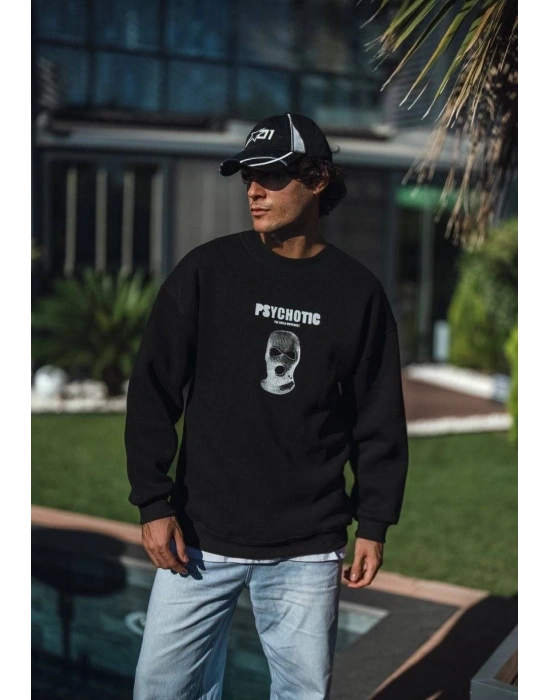 Kışlık Bisiklet Yaka Baskılı SweatShirt - Siyah