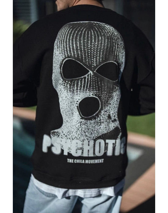 Kışlık Bisiklet Yaka Baskılı SweatShirt - Siyah