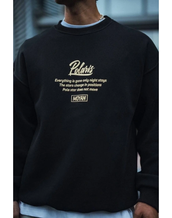 Kışlık Bisiklet Yaka Ön Ve Arka Baskılı SweatShirt - Siyah