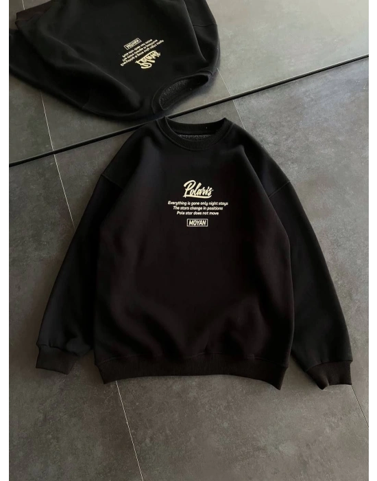 Kışlık Bisiklet Yaka Ön Ve Arka Baskılı SweatShirt - Siyah