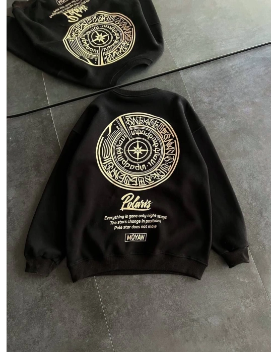 Kışlık Bisiklet Yaka Ön Ve Arka Baskılı SweatShirt - Siyah