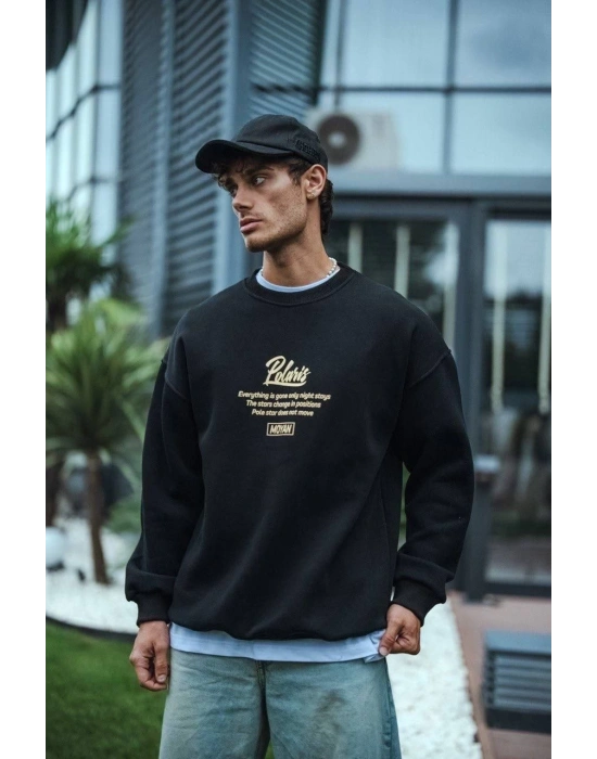 Kışlık Bisiklet Yaka Ön Ve Arka Baskılı SweatShirt - Siyah