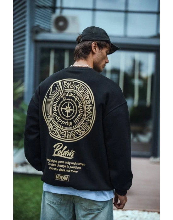 Kışlık Bisiklet Yaka Ön Ve Arka Baskılı SweatShirt - Siyah