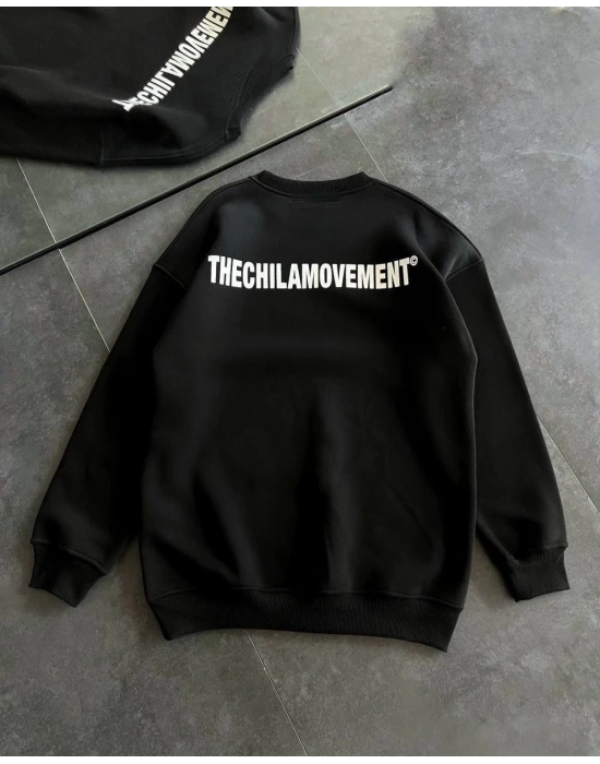 Kışlık Bisiklet Yaka Oversize Baskılı SweatShirt - Siyah