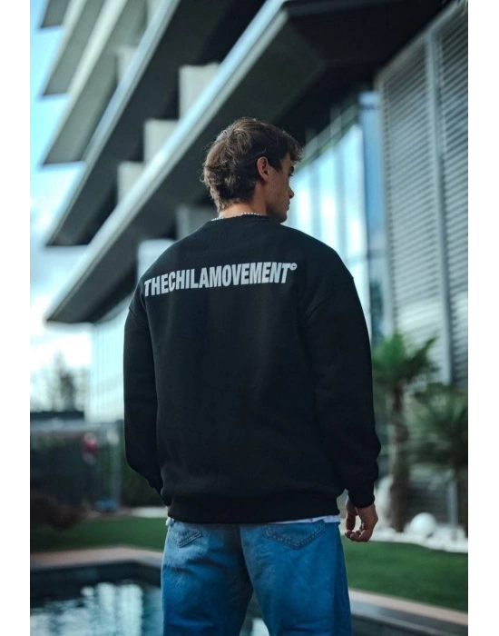 Kışlık Bisiklet Yaka Oversize Baskılı SweatShirt - Siyah