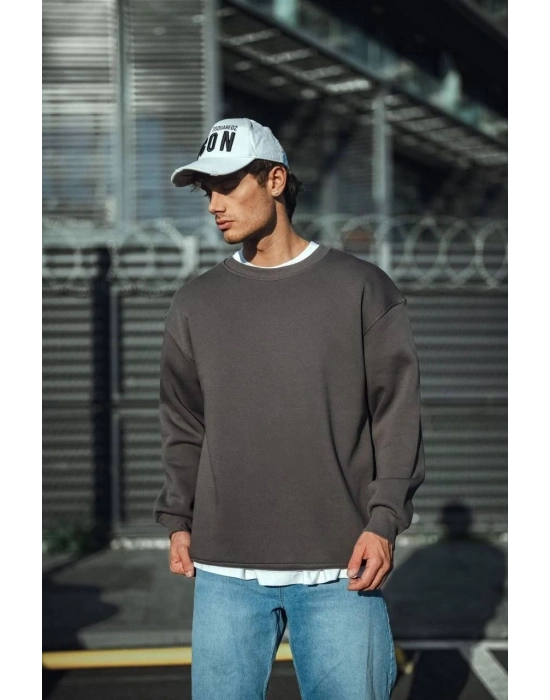 Kışlık Bisiklet Yaka Üç İplik Basic SweatShirt - Antrasit