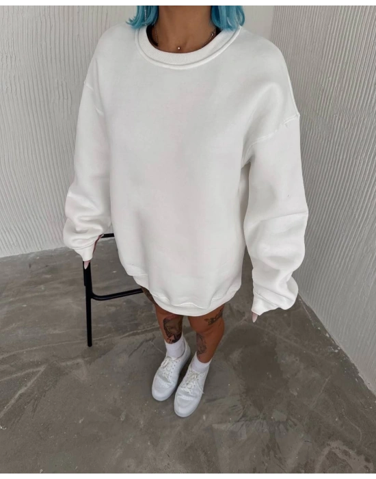 Kışlık Bisiklet Yaka Üç İplik Basic SweatShirt - Beyaz