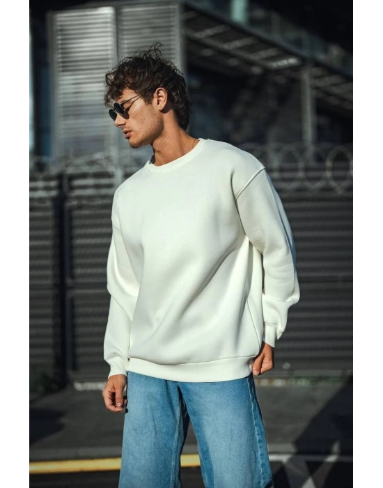 Kışlık Bisiklet Yaka Üç İplik Basic SweatShirt - Beyaz