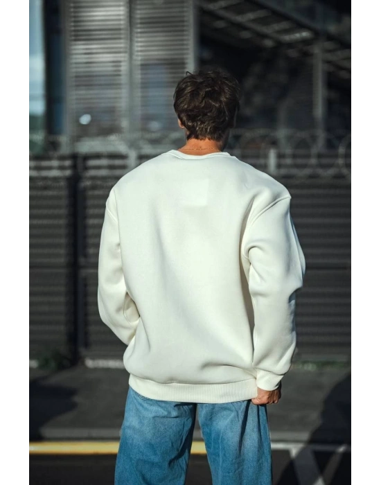 Kışlık Bisiklet Yaka Üç İplik Basic SweatShirt - Beyaz