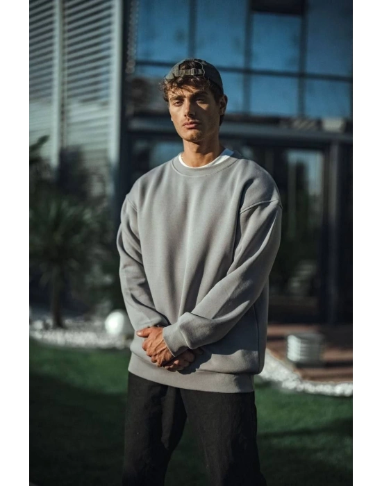 Kışlık Bisiklet Yaka Üç İplik Basic SweatShirt - Boyalı Gri