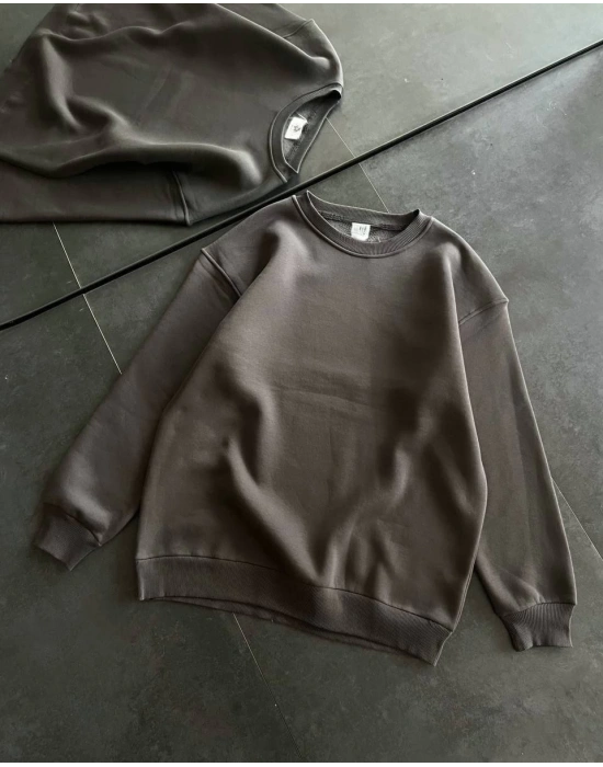 Kışlık Bisiklet Yaka Üç İplik Basic SweatShirt - Füme