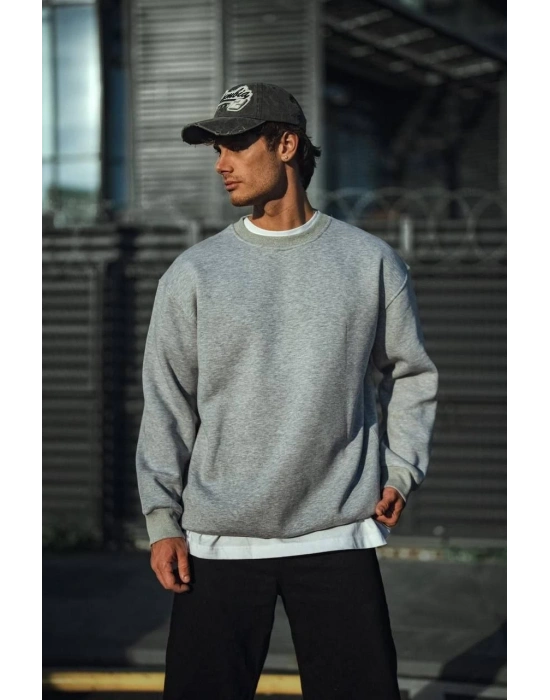 Kışlık Bisiklet Yaka Üç İplik Basic SweatShirt - Gri