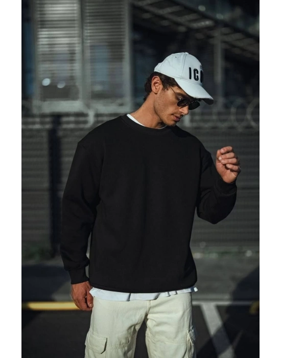 Kışlık Bisiklet Yaka Üç İplik Basic SweatShirt - Siyah