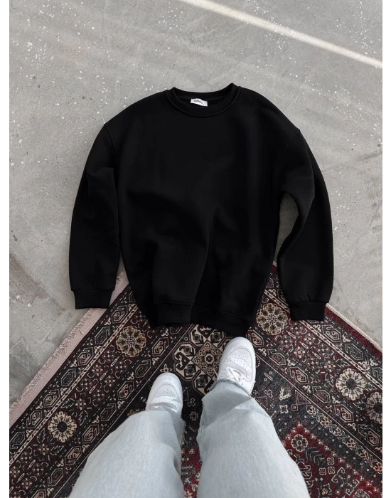 Kışlık Bisiklet Yaka Üç İplik Basic SweatShirt - Siyah