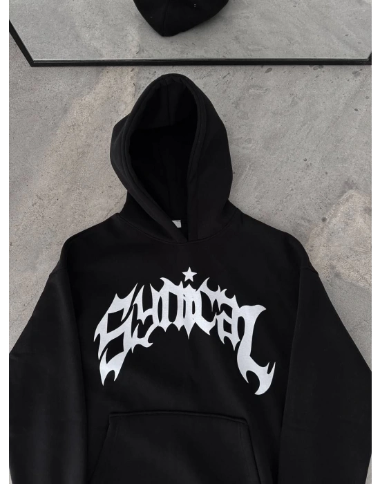 Kışlık Kapüşonlu Baskılı Oversize SweatShirt- Siyah