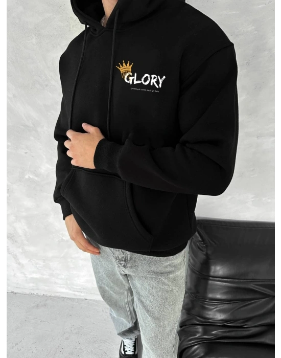 Kışlık Üç İplik Kapüşonlu SweatShirt - Siyah