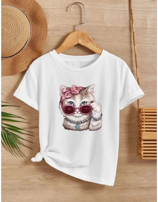 Kız Çocuk Bisiklet Yaka Baskılı T-Shirt - Beyaz