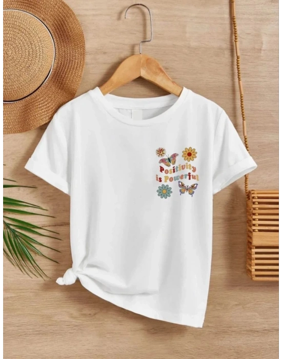 Kız Çocuk Bisiklet Yaka Baskılı T-Shirt - Beyaz