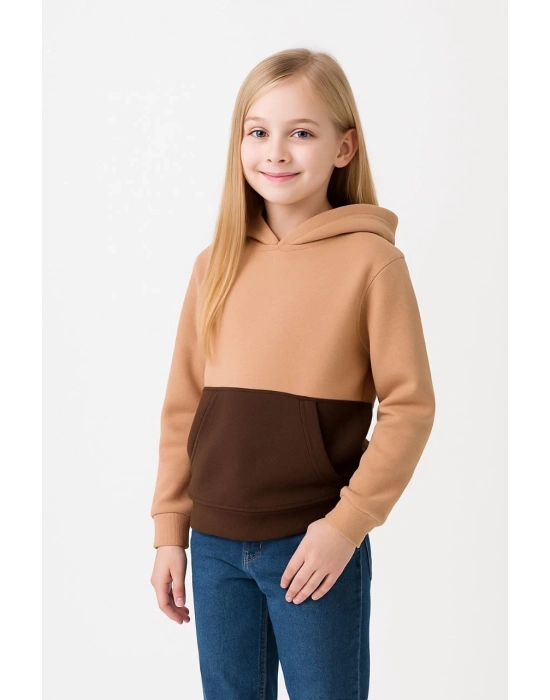Kız Çocuk Kapüşonlu Kanguru Çepli Parçalı SweatShirt - Renkli