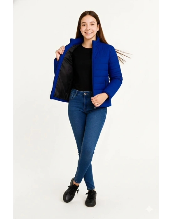 Kız Çocuk Şişme Mont Hafif ve Sıcak Tutucu Fermuarlı Su İtici Mont Kapüşonuz - Saks Mavisi