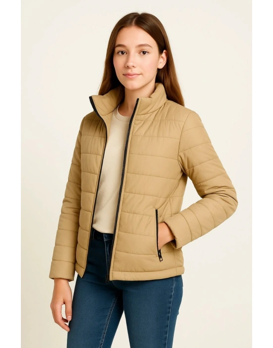 Kız Çocuk Şişme Mont Hafif ve Sıcak Tutucu Fermuarlı Su İtici Mont Kapüşonuz Modern - Bej