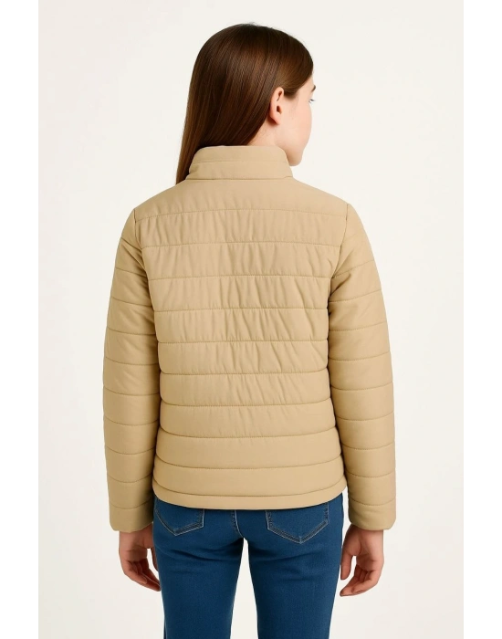 Kız Çocuk Şişme Mont Hafif ve Sıcak Tutucu Fermuarlı Su İtici Mont Kapüşonuz Modern - Bej