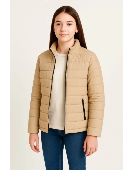 Kız Çocuk Şişme Mont Hafif ve Sıcak Tutucu Fermuarlı Su İtici Mont Kapüşonuz Modern - Bej