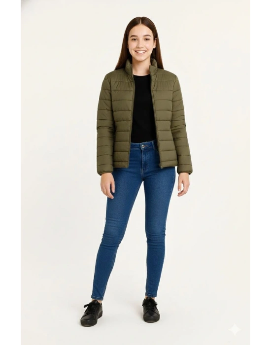 Kız Çocuk Şişme Mont Hafif ve Sıcak Tutucu Fermuarlı Su İtici Mont Kapüşonuz Modern - Haki