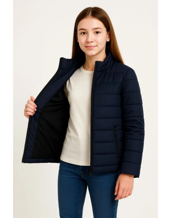 Kız Çocuk Şişme Mont Hafif ve Sıcak Tutucu Fermuarlı Su İtici Mont Kapüşonuz - Lacivert