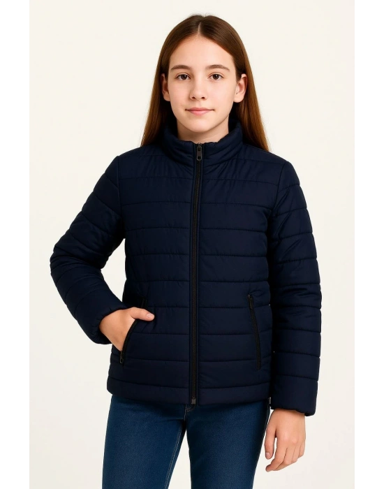 Kız Çocuk Şişme Mont Hafif ve Sıcak Tutucu Fermuarlı Su İtici Mont Kapüşonuz - Lacivert