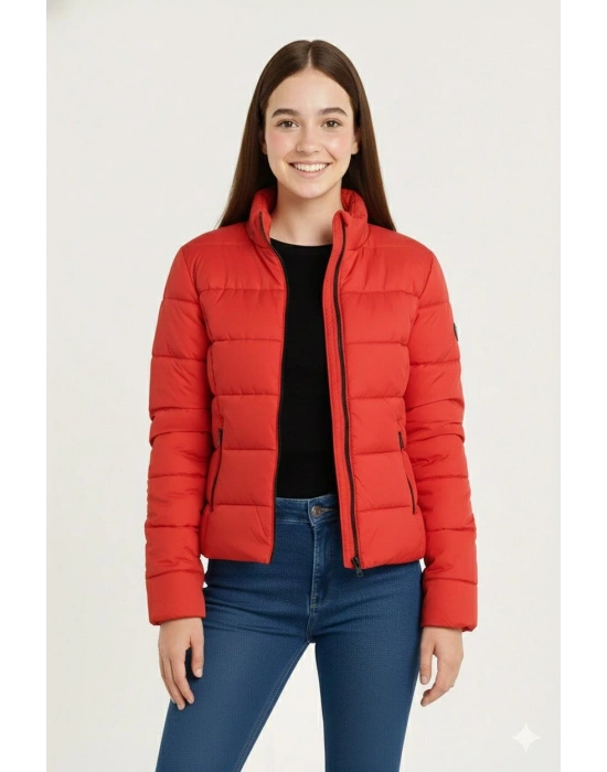 Kız Çocuk Şişme Mont Hafif ve Sıcak Tutucu Fermuarlı Su İtici Mont Kapüşonuz - Kırmızı