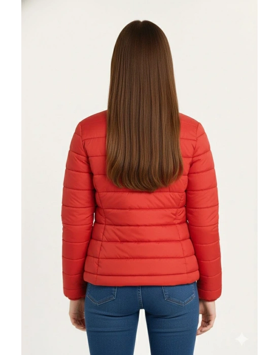 Kız Çocuk Şişme Mont Hafif ve Sıcak Tutucu Fermuarlı Su İtici Mont Kapüşonuz - Kırmızı