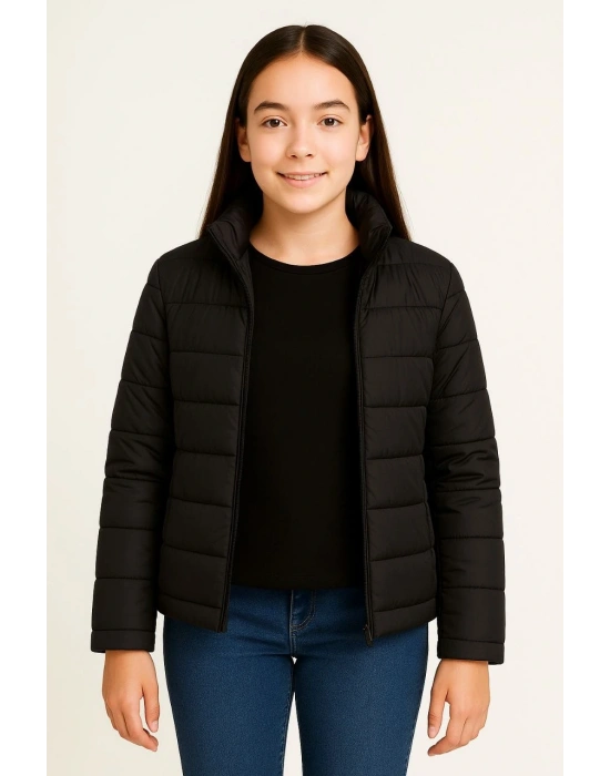 Kız Çocuk Şişme Mont Hafif ve Sıcak Tutucu Fermuarlı Su İtici Mont Kapüşonuz - Siyah