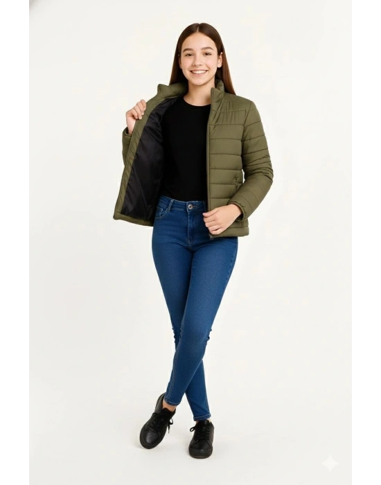 Kız Çocuk Şişme Mont Hafif ve Sıcak Tutucu Fermuarlı Su İtici Mont Kapüşonuz Modern - Haki