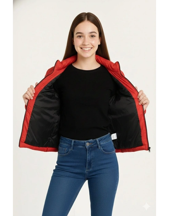 Kız Çocuk Şişme Mont Hafif ve Sıcak Tutucu Fermuarlı Su İtici Mont Kapüşonuz - Kırmızı