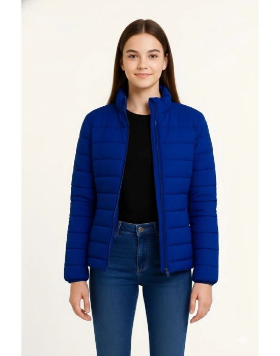 Kız Çocuk Şişme Mont Hafif ve Sıcak Tutucu Fermuarlı Su İtici Mont Kapüşonuz - Saks Mavisi