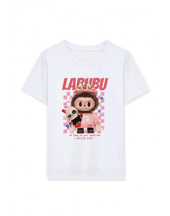 Kız Labubu Çocuk Baskılı T-Shirt - Beyaz