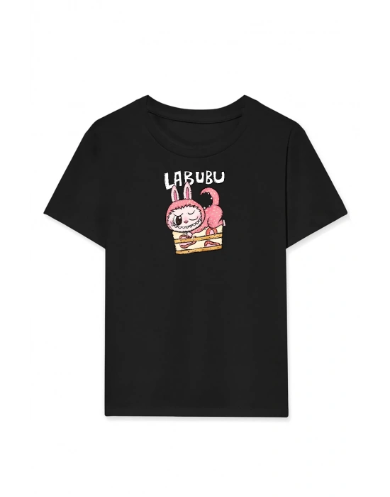Kız Labubu Çocuk Baskılı T-Shirt - Siyah