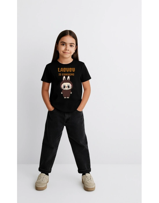 Kız Labubu Çocuk Baskılı T-Shirt - Siyah