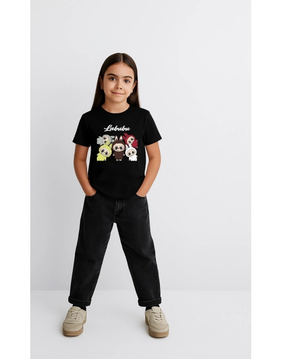Kız Labubu Çocuk Baskılı T-Shirt - Siyah