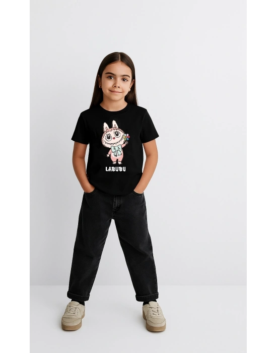 Kız Labubu Çocuk Baskılı T-Shirt - Siyah