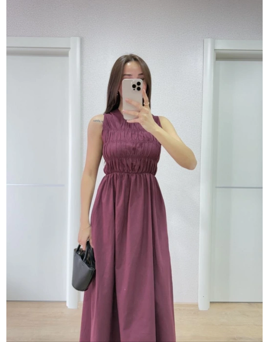 Kolsuz Göğüs Lastıklı %100 Poplin Uzun Elbise - Bordo