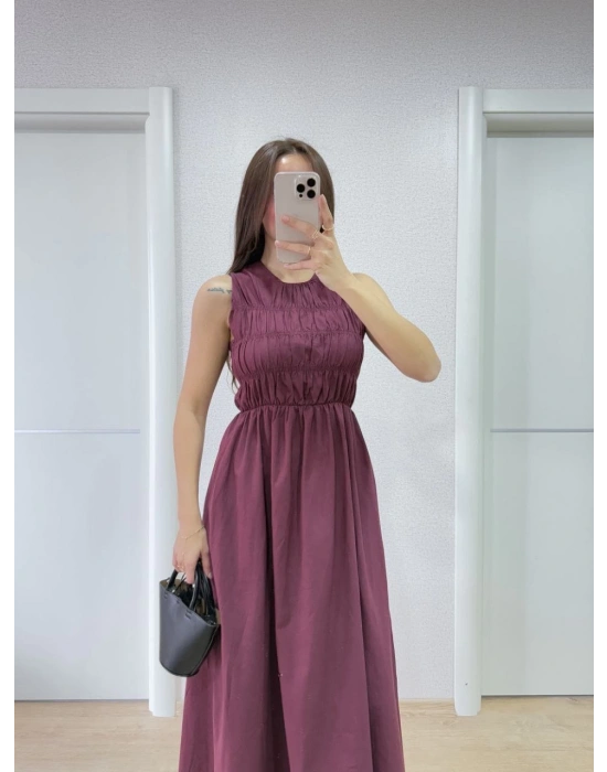 Kolsuz Göğüs Lastıklı %100 Poplin Uzun Elbise - Bordo