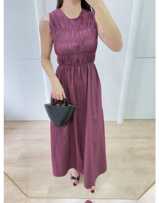 Kolsuz Göğüs Lastıklı %100 Poplin Uzun Elbise - Bordo