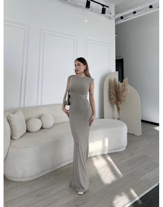 Kolsuz Uzun Likralı Elbise - Gri