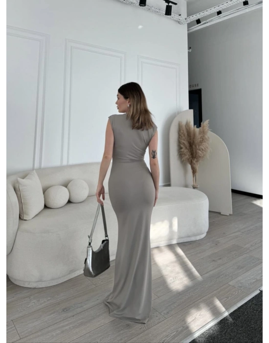 Kolsuz Uzun Likralı Elbise - Gri