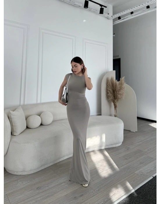 Kolsuz Uzun Likralı Elbise - Gri